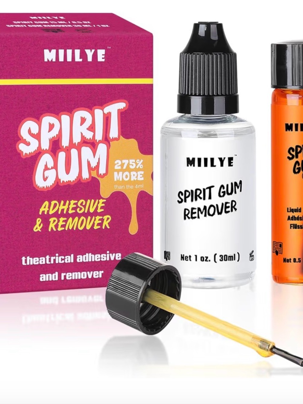 MIILYE Spirit Gum Adhesive & Remover - Pink Packaging, Clear Bottle